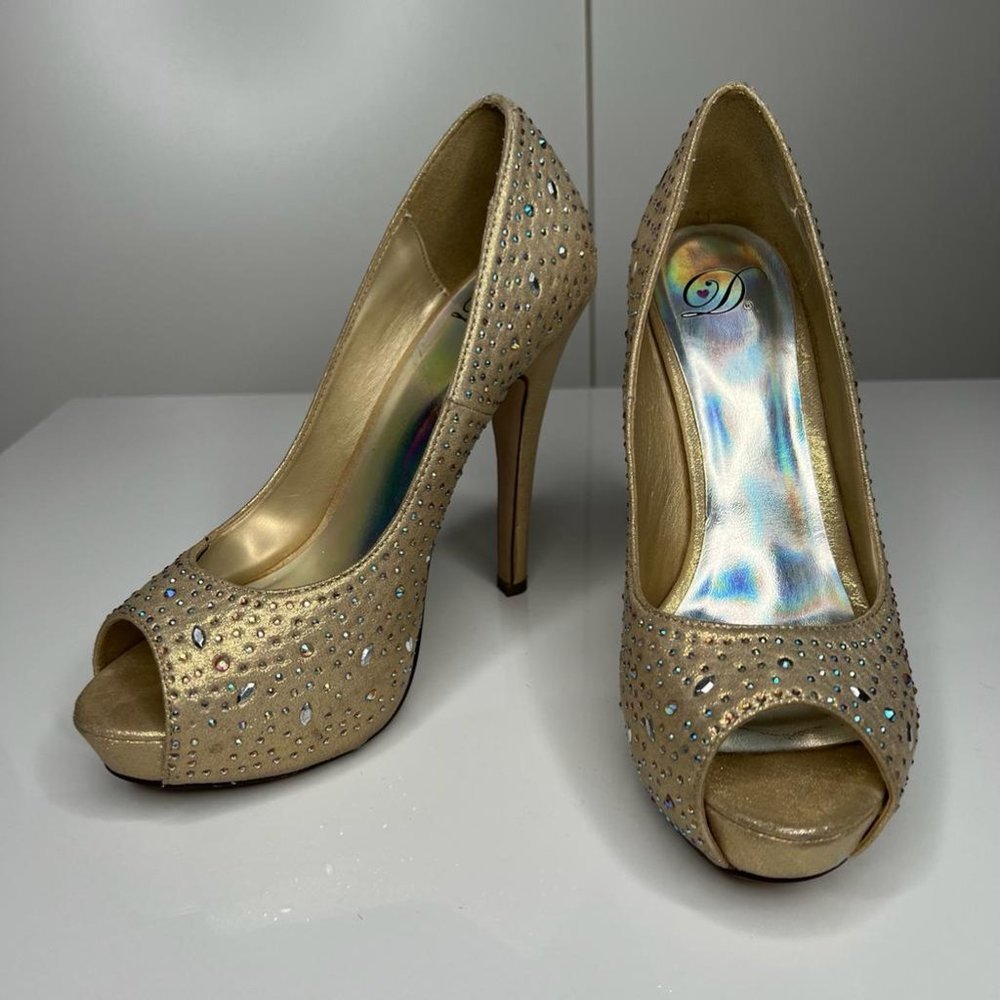 Gold Rhinestone Peep Toe Heels Pumps
